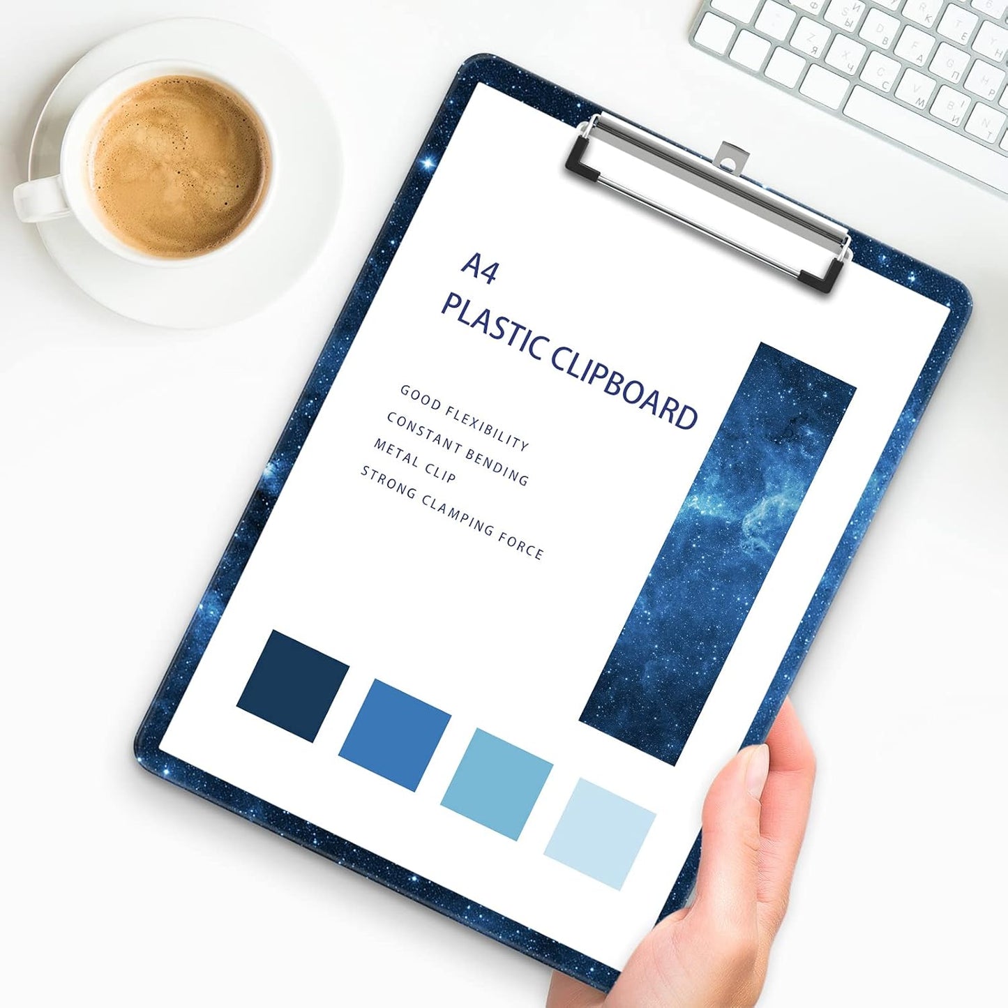 Plastic A4 Clipboards, Cute Clip Board Stardard Letter Size 9 x 12.5 in, Office Decorative for Students Women Men and Kids, Blue Starry Sky