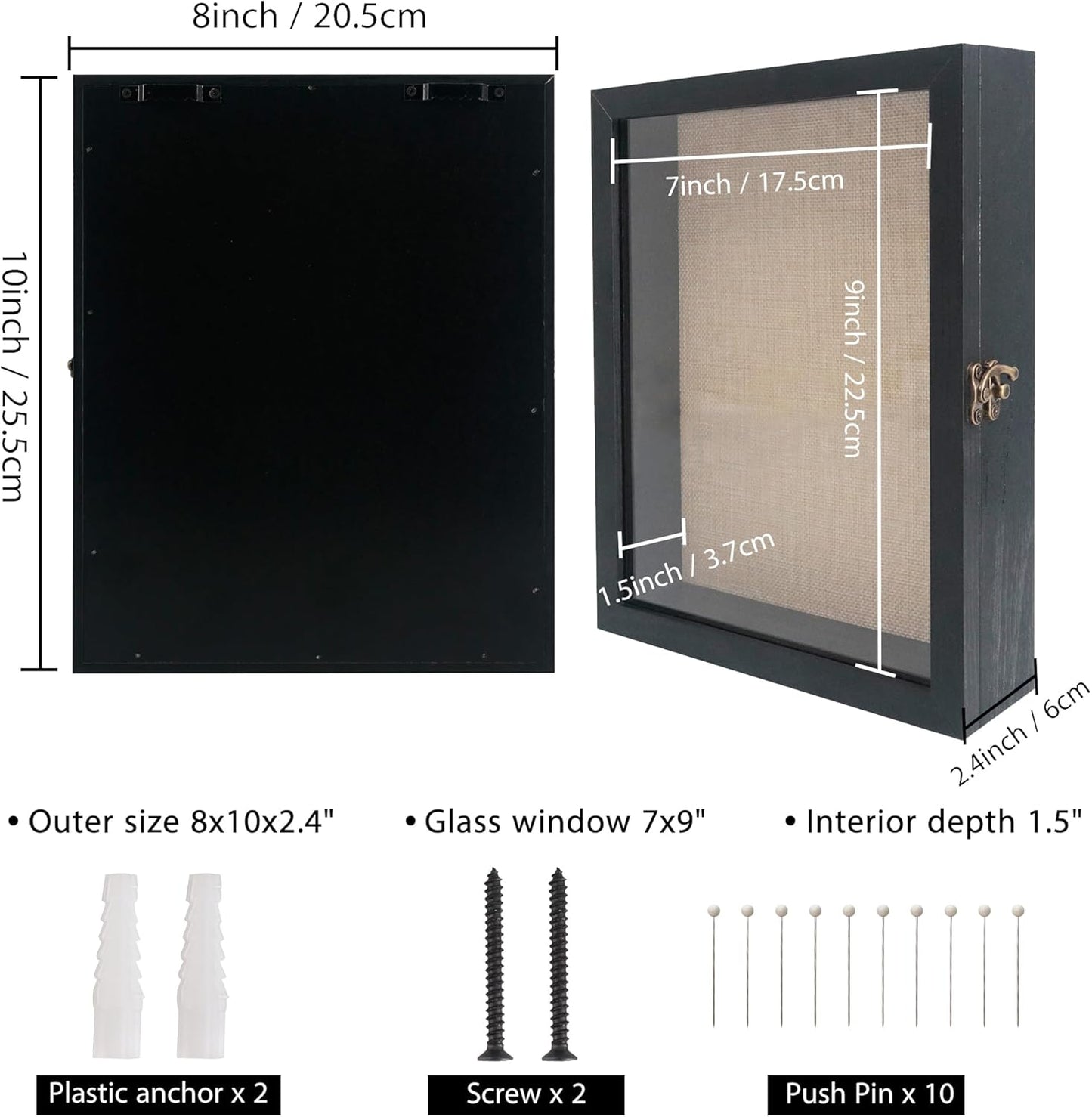 GraduatePro Shadow Box Frame 8x10 Display Case with Linen Back, Real Glass Window Door with Hinge, Picture Frame Wedding Bouquet Memorabilia Medals Photos Memory Box for Keepsakes, Rustic Black