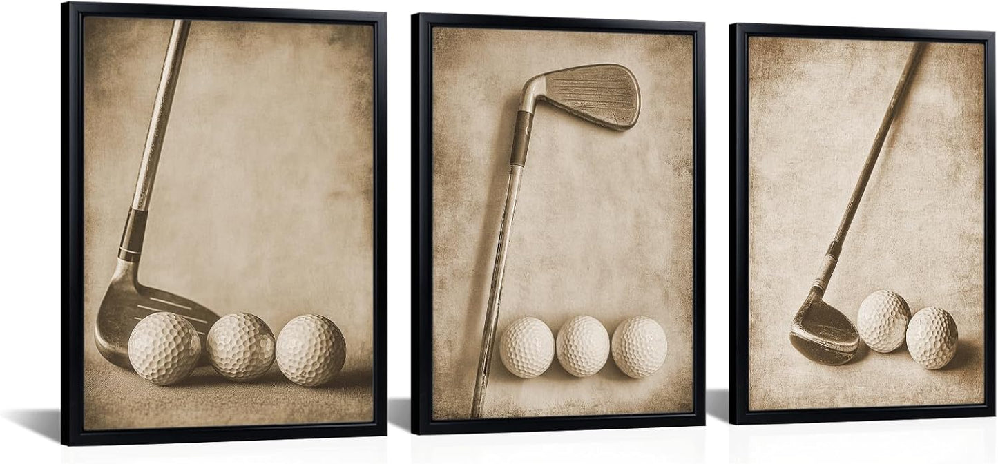 Kalormore 3 Pieces Framed Vintage Golf Picture for Wall Vintage Sports Canvas Wall Art Rustic Golf Balls Picture Art Prints