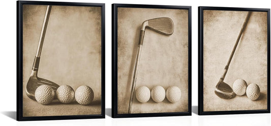 Kalormore 3 Pieces Framed Vintage Golf Picture for Wall Vintage Sports Canvas Wall Art Rustic Golf Balls Picture Art Prints