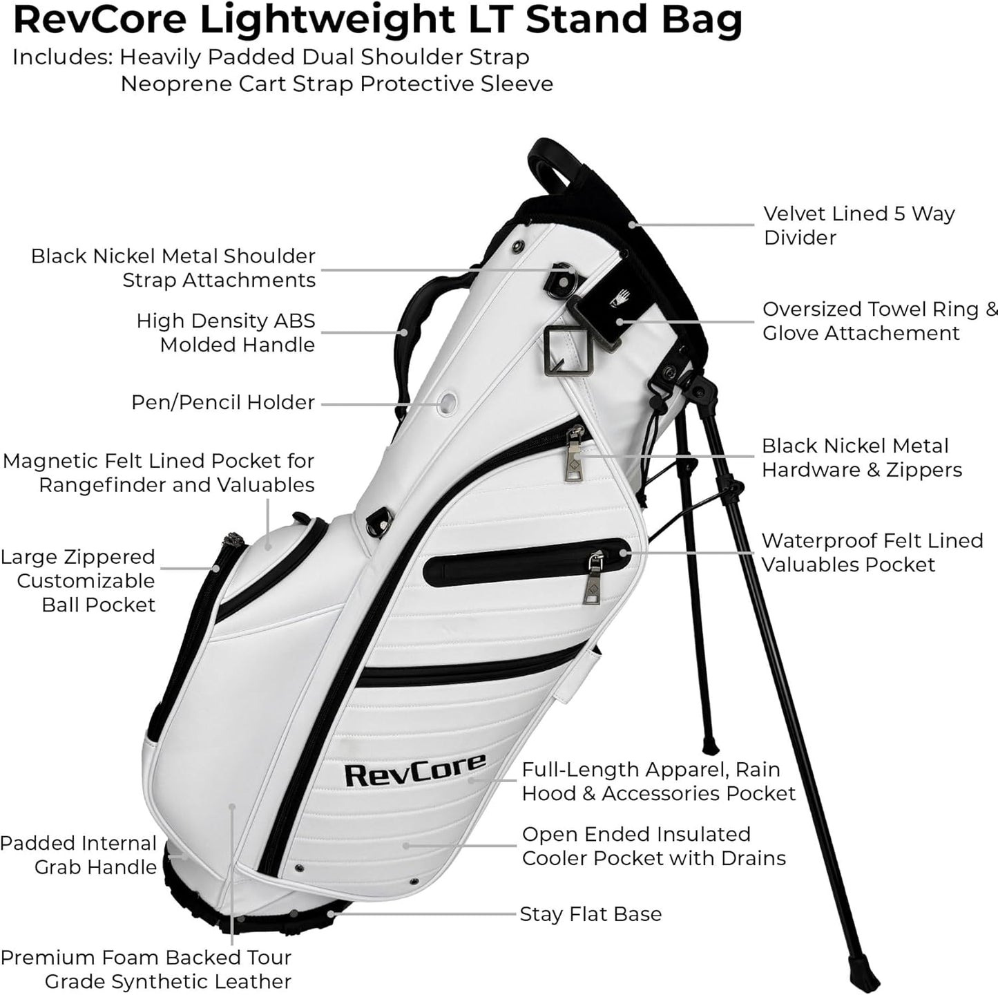 RevCore LT Lightweight Golf Stand Bag by CaddyDaddy – Premium Synthetic Leather Carry Golf Bag for Men & Women with 5-Way Divider, Cooler Pocket, Dual Strap – Golf Bag with Stand