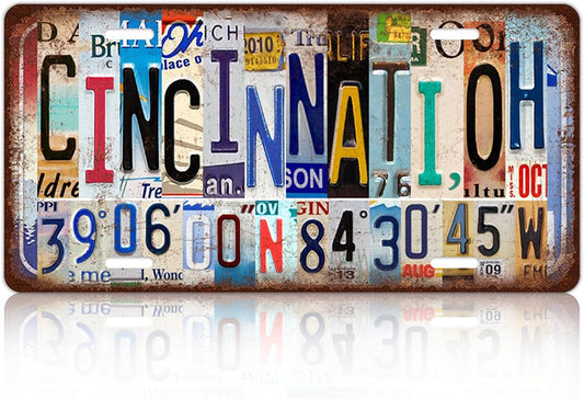 Vintage City License Plate Cincinnati,Oh Wall Decor Metal Tin Sign for Bar Home Bedroom 12 x 6 Inches （Including latitude and longitude）