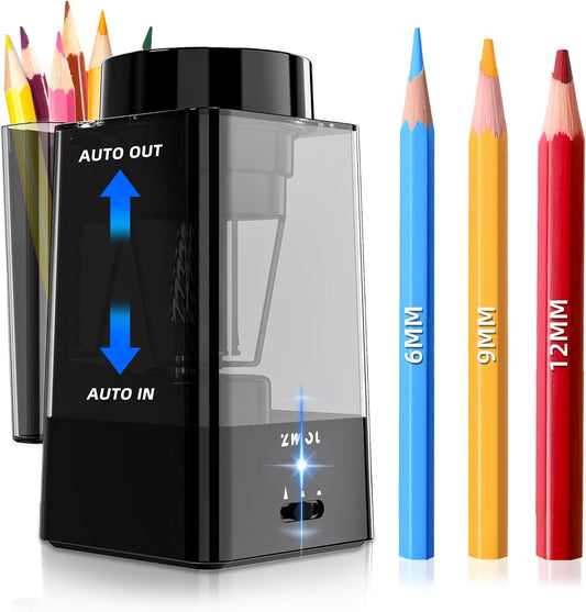 Zmol Full Automatic Electric Pencil Sharpener for Colored Pencils,Auto in & Out, Rechargeable Hands-Free,Heavy Duty Pencil Sharpeners for Classroom, 6-12mm Jumbo Pencils,Home,School,Office