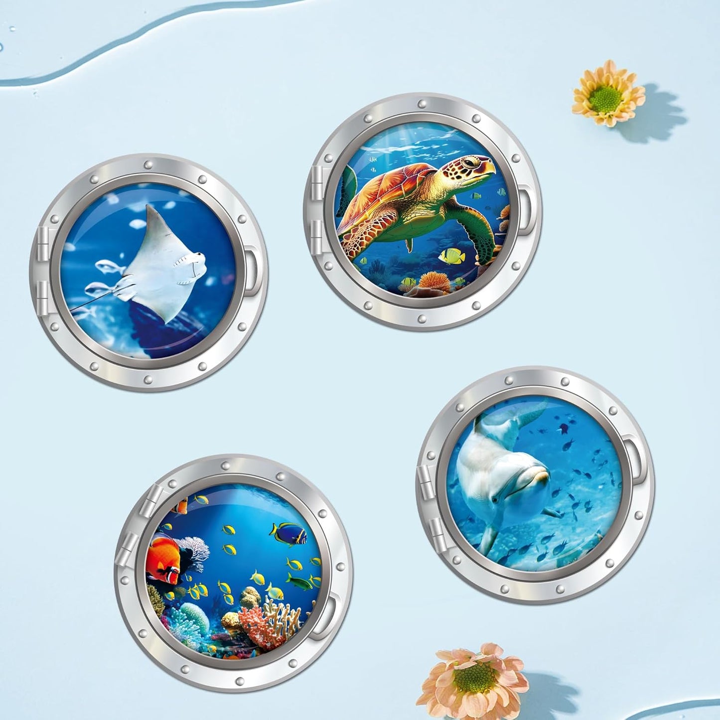 Cruise Ship Door Decorations Magnetic, 4 Pcs Large Porthole Sea Turtle Dolphin Ray Tropical Fish Cruise Magnets, Sea Animals Magnetic Ship Cabin Door Signs Fridge Decor