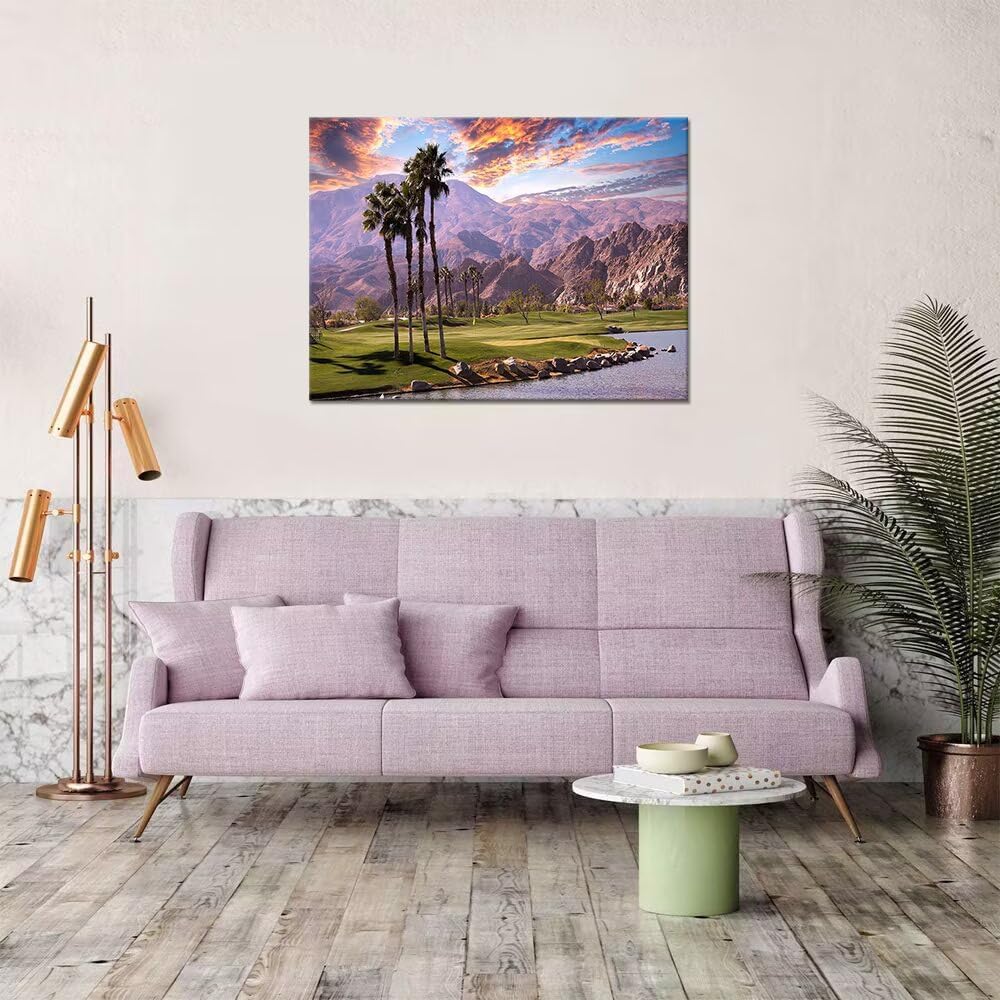 HJY Art USA California Golf Course Wall Art Golf Course Canvas Wall Decor Sunset Landscape Painting Poster for Home Decor Living Room Bedroom Office Club Gym Framed Artwork (18 x 24 inch)
