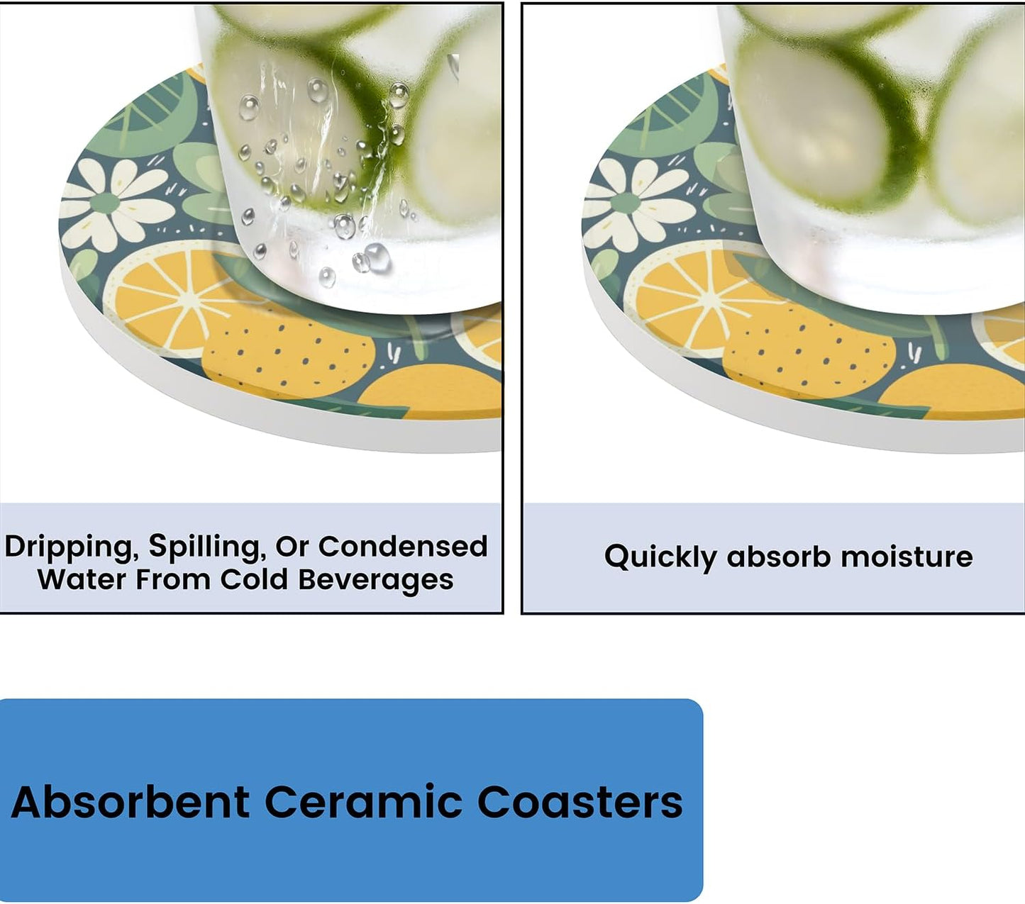 Ceramic Coasters for Drinks with Cork Back, Citrus Greenery 4 Inch Absorbent Coaster Set 1 Pack, Quick Dry Non-Slip Coaster Mats for Home, Office, Bar