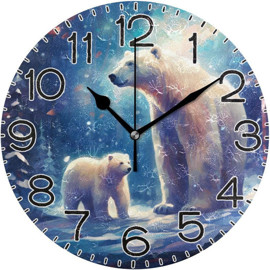 White Polar Bear Blue Lights Wall Clock Battery Operated Non Ticking Silent Quartz Analog Rustic Farmhouse Round Clock Retro Decor for Home Kitchen Living Room Bathroom