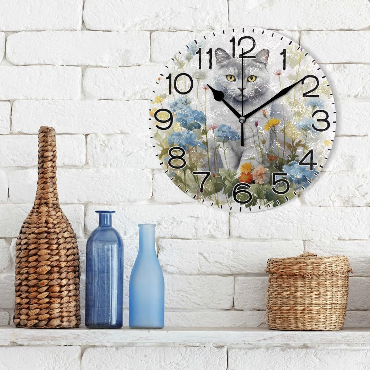 Cat with Spring Flowers Wall Clock Battery Operated Non Ticking Silent Quartz Analog Rustic Farmhouse Round Clock Retro Decor for Home Kitchen Living Room Bathroom