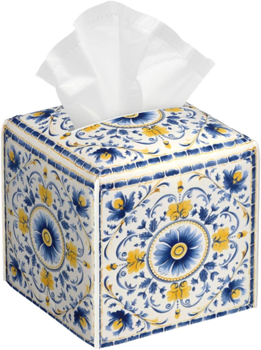 Tissue Box Cover Blue Yellow Antique Tiles Ornament Square PU Leather Tissue Box Holder for Car Bathroom Bedroom Desk Tabletop Decor