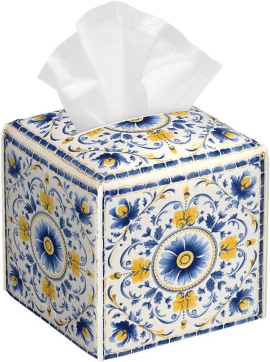 Tissue Box Cover Blue Yellow Antique Tiles Ornament Square PU Leather Tissue Box Holder for Car Bathroom Bedroom Desk Tabletop Decor