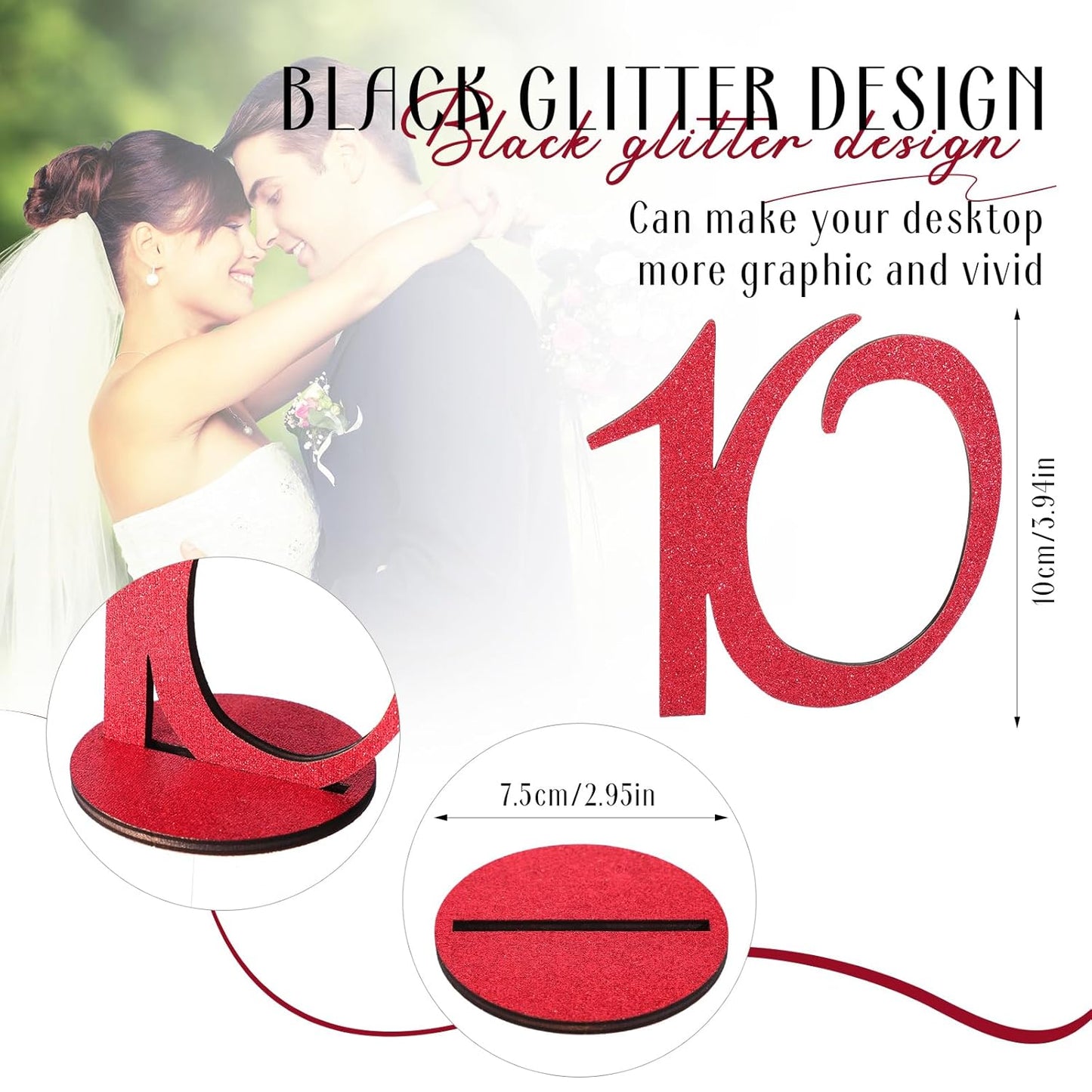 Glitter Table Numbers 1-25 Wooden Table Numbers for Wedding Reception Standing Seat Place Cards with Holder Base for Wedding Party Event Catering Receptions Banquets(Red)