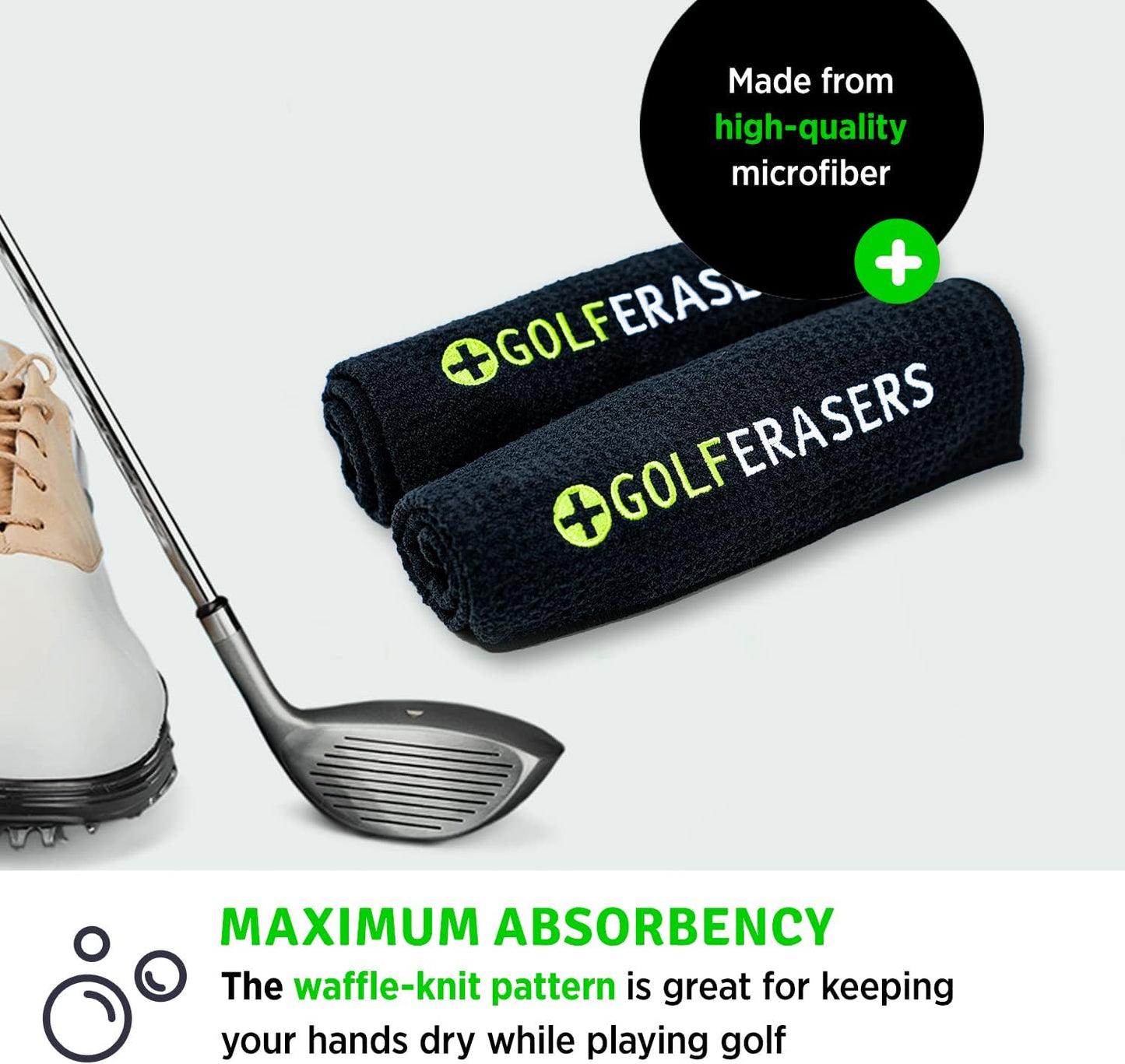 Premium Microfiber Golf Towel with Clip for Golf Bag, 2 Pack, Waffle-Knit Pattern, Helps Keep Golfers’ Hands Dry While Playing, Pairs Perfectly Sponges, 24"x16"