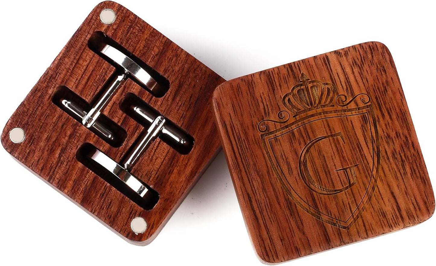 Mens Initial Silver Cufflinks A-Z Alphabet Letter Steel Cuff Links with Engraved Walnut Wood Box Groom Groomsman Wedding Set…