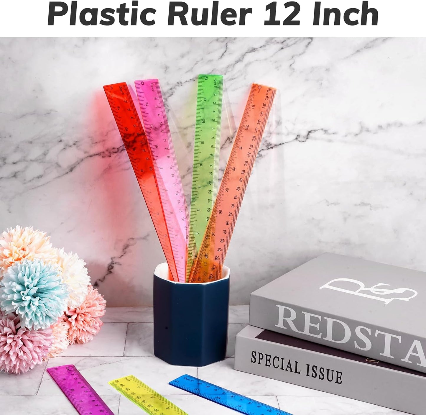 32PCS Colorful Plastic Ruler 12 Inch with Centimeter and Millimeter, Transparent Assorted Color Metric Rulers Bulk Measuring Drawing Tool Home Office Supplies
