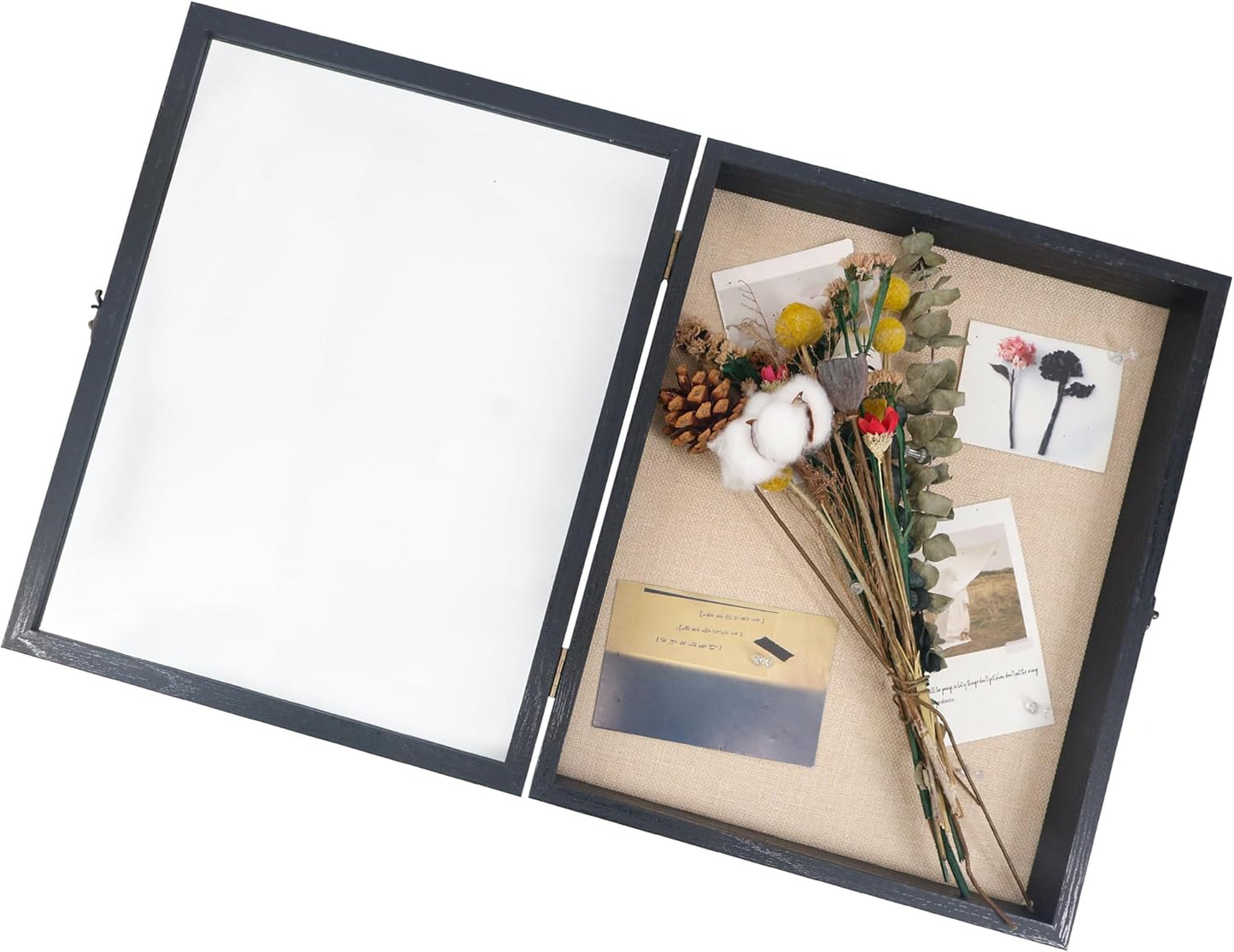 GraduatePro Shadow Box Frame 13X16 Display Case with Linen Back, Real Glass Window Door with Hinge, Picture Frame Wedding Bouquet Memorabilia Medals Photos Memory Box for Keepsakes Rustic Black