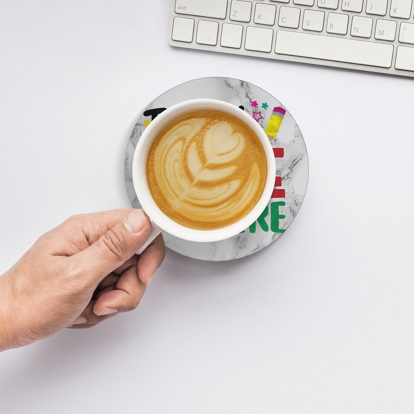 Teach Love Inspire Teacher Coasters for Drinks Set of 4, White Marble Absorbent Ceramic Drink Coasters for Coffee Table Wooden Table Cup Bar, 4 Inches