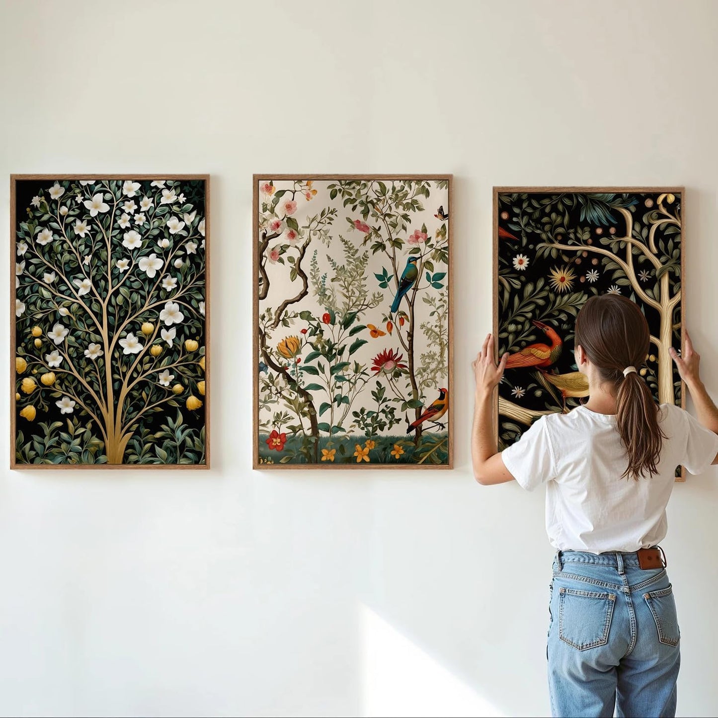 MTFBWY 3Pcs Vintage Botanical And Bird Wall Art prints, Nature Plant Framed Canvas Wall Art, Floral Posters Prints, Wildlife Pictures Artwork Decor Living Rooms Bedrooms Offices (Green Plants, 24L" x 16W", Natural Framed)