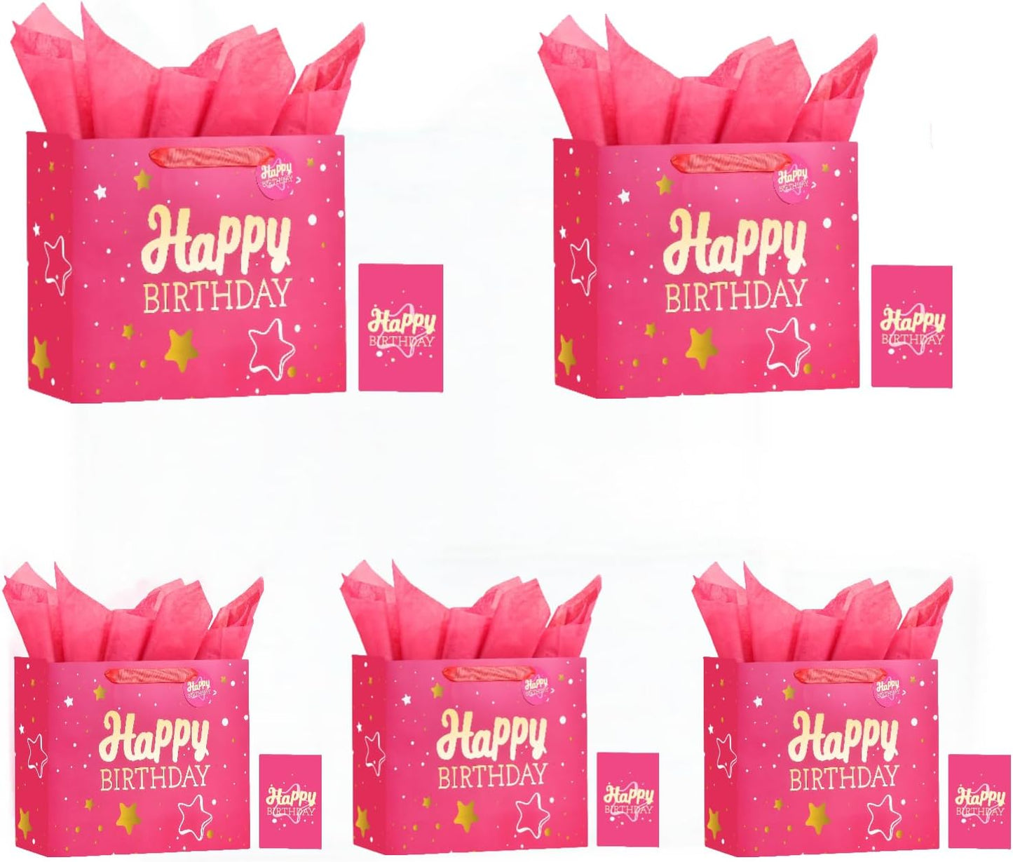 13" Pink Happy Birthday Gift Bag with Tissue Paper and Greeting Card for Party,Happy Birthday Gift Bag for Men Women,Gift Bags Medium size(5 PCS Pink Hot Stamping)