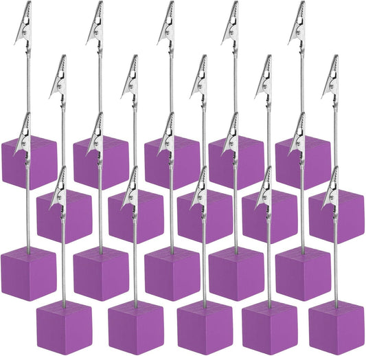 PATIKIL Place Card Holder, 20Pcs Memo Clip Holder Stand with Alligator Clasp Table Number Holders Wooden Base for Pictures Note Card Paper, Purple