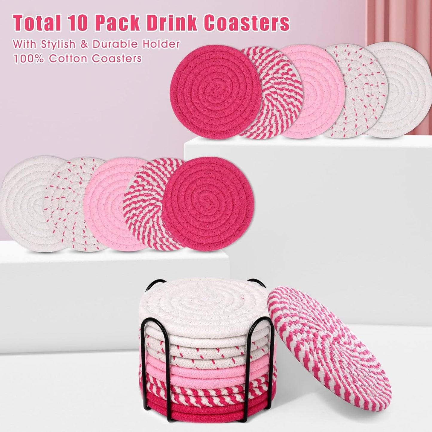 Mckanti 10 Pcs Drink Coasters with Holder, 5 Colors Absorbent Coasters for Drinks, Minimalist Boho Coasters Cotton Woven Coaster Set for Home Decor Tabletop Protection Suitable for Kinds of Cups