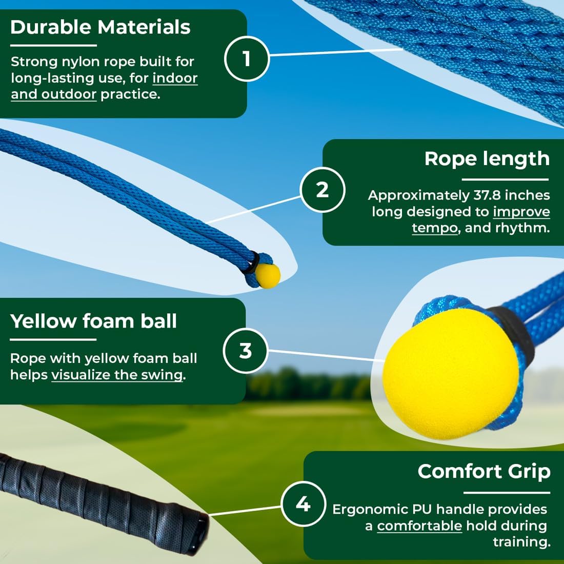 Golf Rope Swing Trainer – Weighted Rope with Yellow Ball, Improve Swing Speed, Tempo, Rhythm & Strength – Indoor/Outdoor Training Aid with Manual, Bag – for Men & Women
