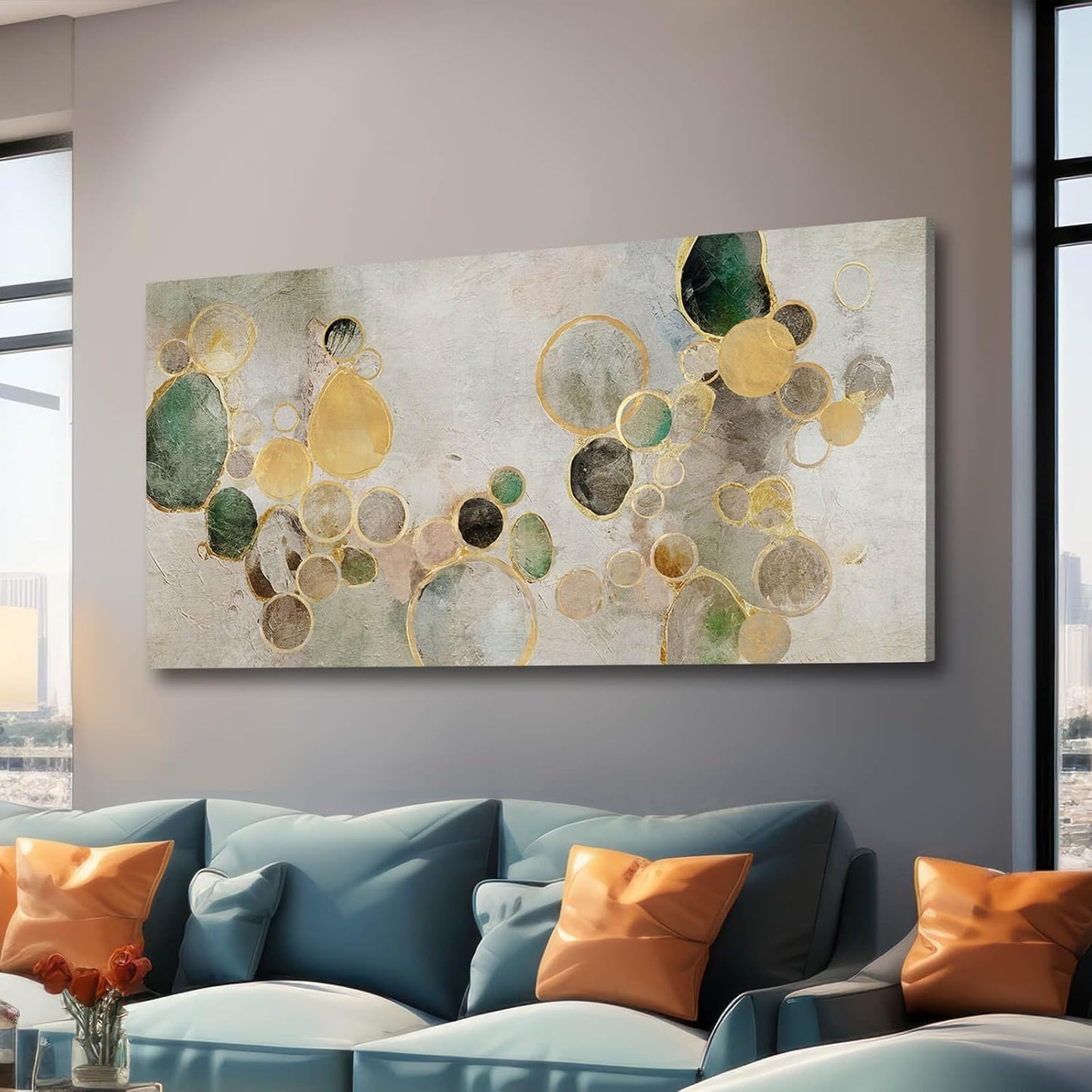 YJYart Large Abstract Canvas Wall Art Green and Gold Decorative Painting 29"x58" Picture Prints Colorful Canvas Wall Art for Kitchen Office Bedroom