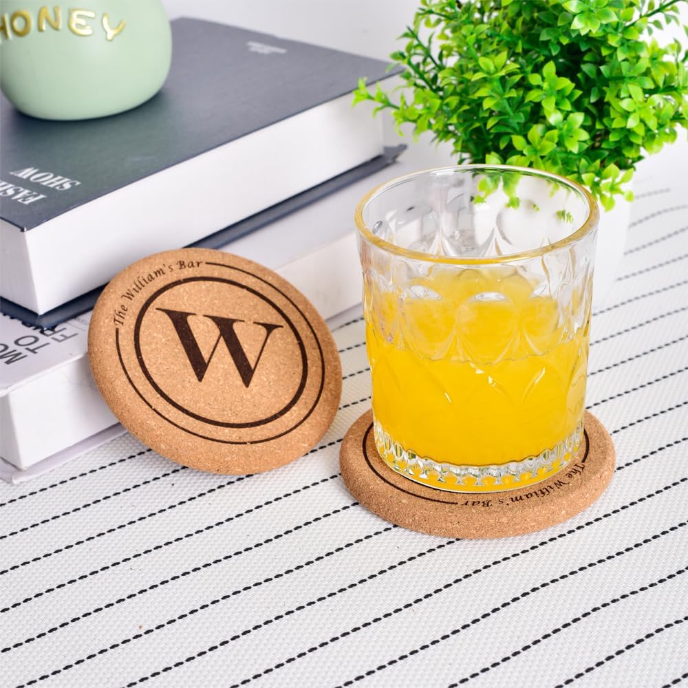 Personalized Cork Coasters for Drinks, Custom Engraved Absorbent Heat & Water Resistant Coasters for Cups and Mugs (W)