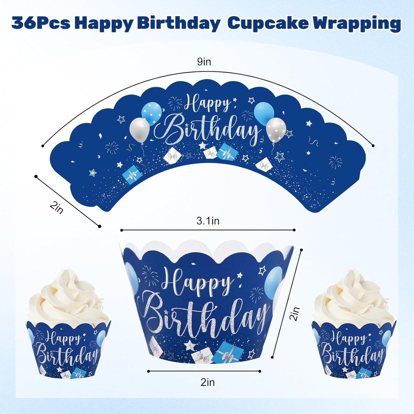 Whaline 36Pcs Happy Birthday Cupcake Wrappers Blue Silver Birthday Cupcake Liners Decorative Cupcake Holders for Baby Shower Birthdays Party Cake Decoration