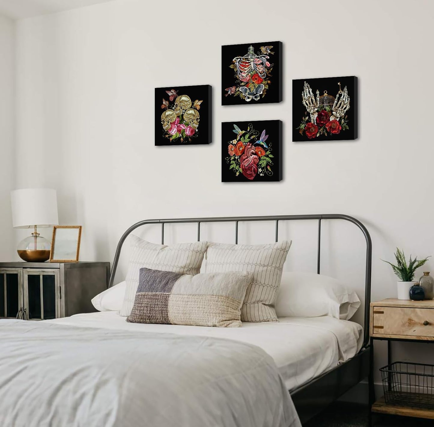 DJSYLIFE Gothic Wall Art - 4-Panel Skeleton and Roses Canvas Print, Dark Moody Decor for Bedroom, Bathroom, Halloween, Ready to Hang 12"x12"x4