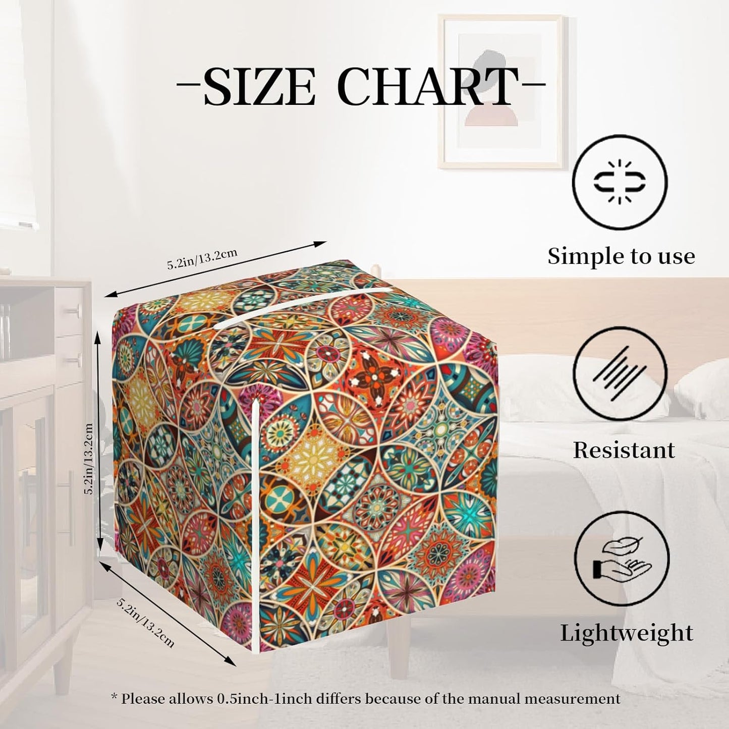 Tissue Box Cover Holder, Vintage Mandala Flowers PU Leather Square Tissue Box Cover Decorative Organizer for Bathroom Kitchen Bedroom Vanity Countertop Night Stands