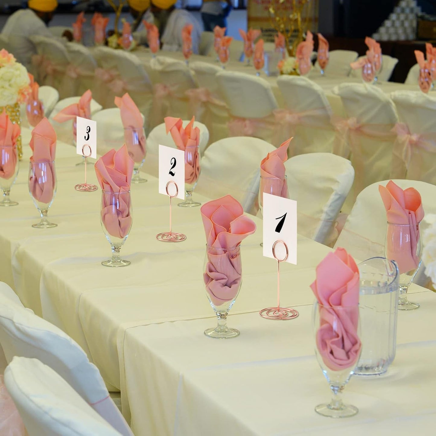 TecUnite 24 Pieces 3.35 Inch Table Number Holder Place Card Photo Holder Picture Name Menu Clips Memo Cards Stand for Wedding Reception Anniversary Birthday Party Centerpieces (Rose Gold)