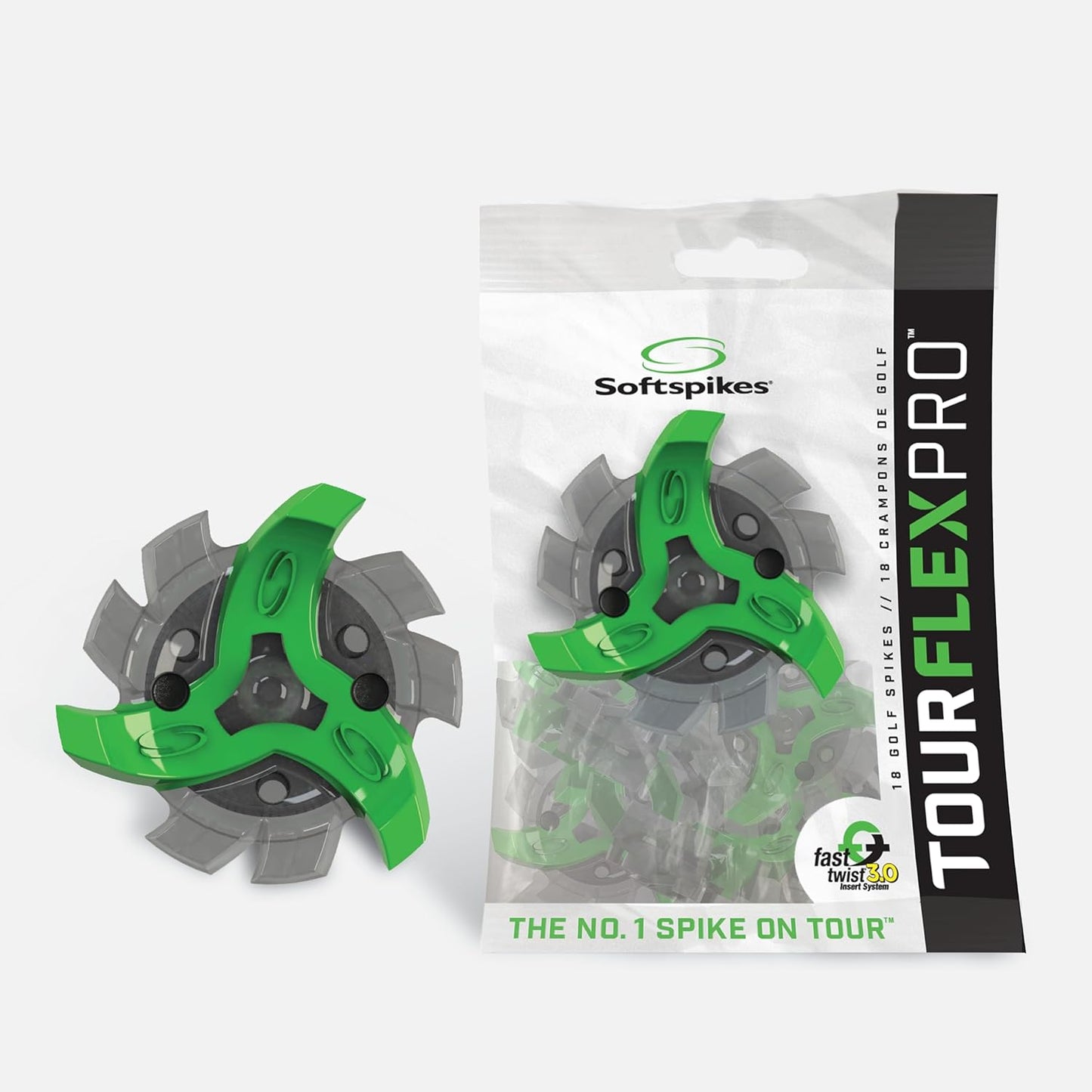 Softspikes Tour Flex Pro Golf Cleats Fast Twist 3.0-18 Replacement Spikes - Green/Charcoal - Also Fits Tri-Lok, Slim-Lok, and Tour Lock Cleat Insert Systems
