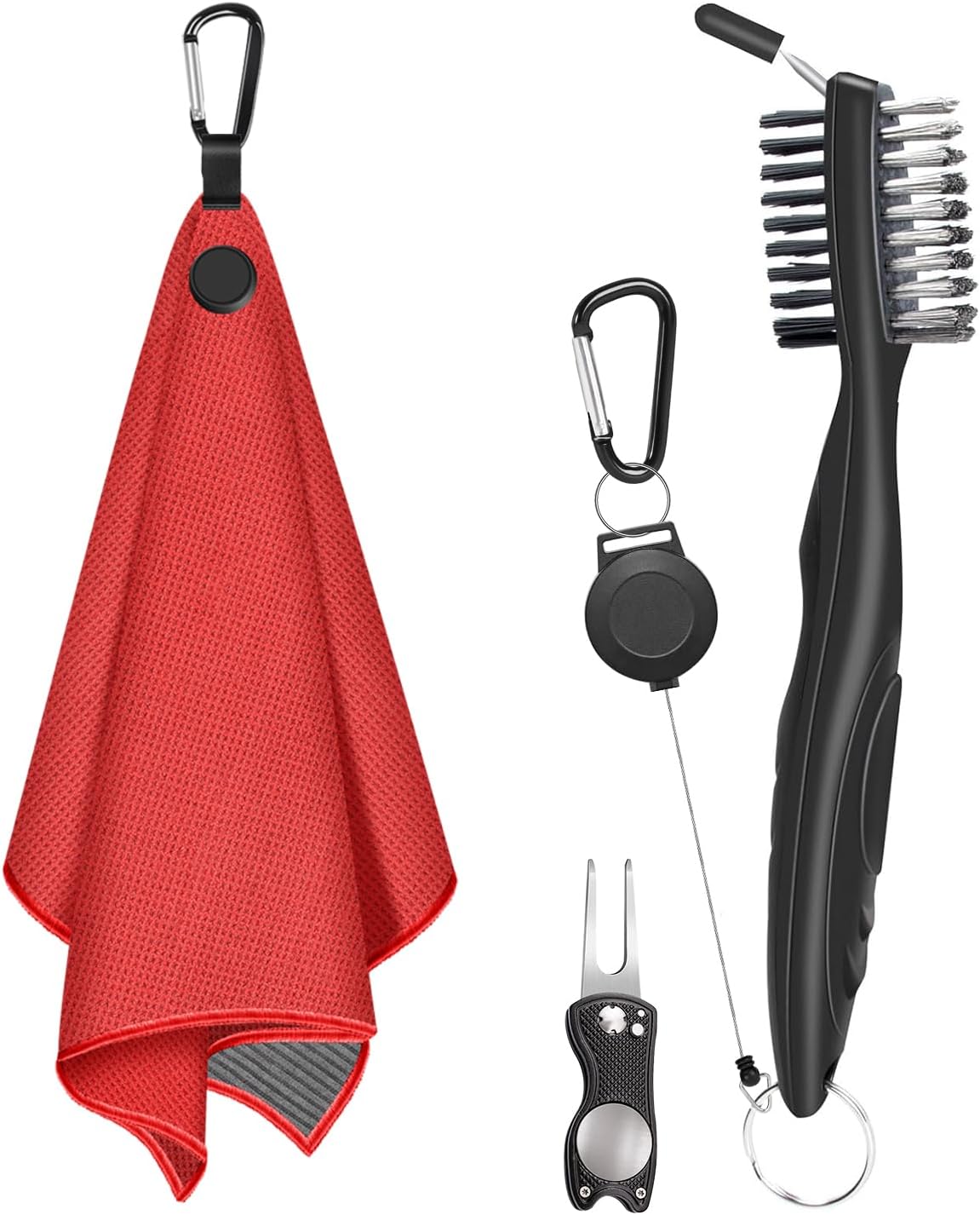 Magnetic Golf Towel with Brush and Divot Tool, Microfiber Golf Towel with Wire Cleaning Cloth for Men, Industrial Strength Magnet for Strong Hold to Golf Bags, Carts or Clubs (Red)