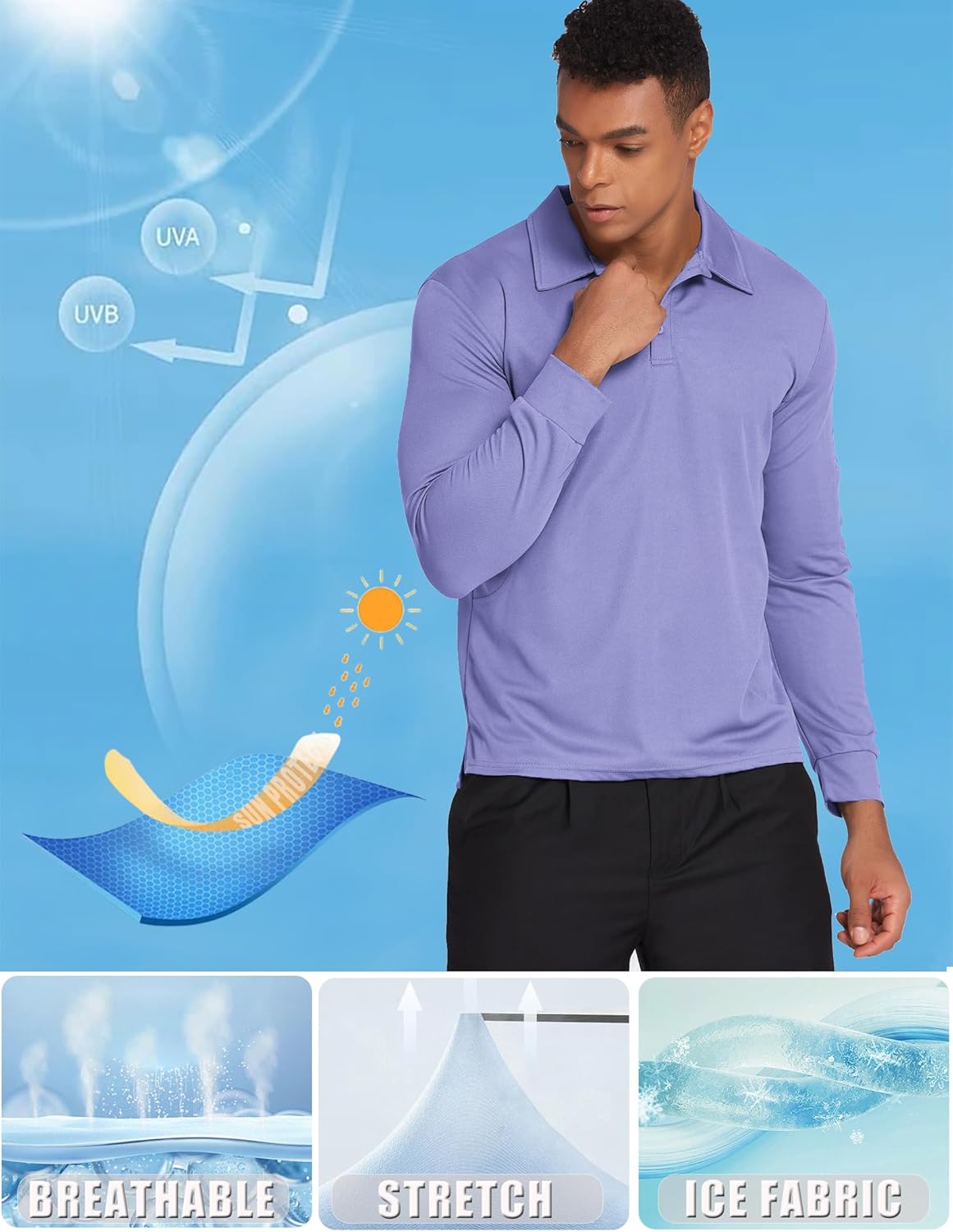 Deyeek Men's Polo Shirts Long Sleeve Golf Polo Shirts for Men Quick Dry UPF 50+ Sun Protection Polos Casual Collared Shirts