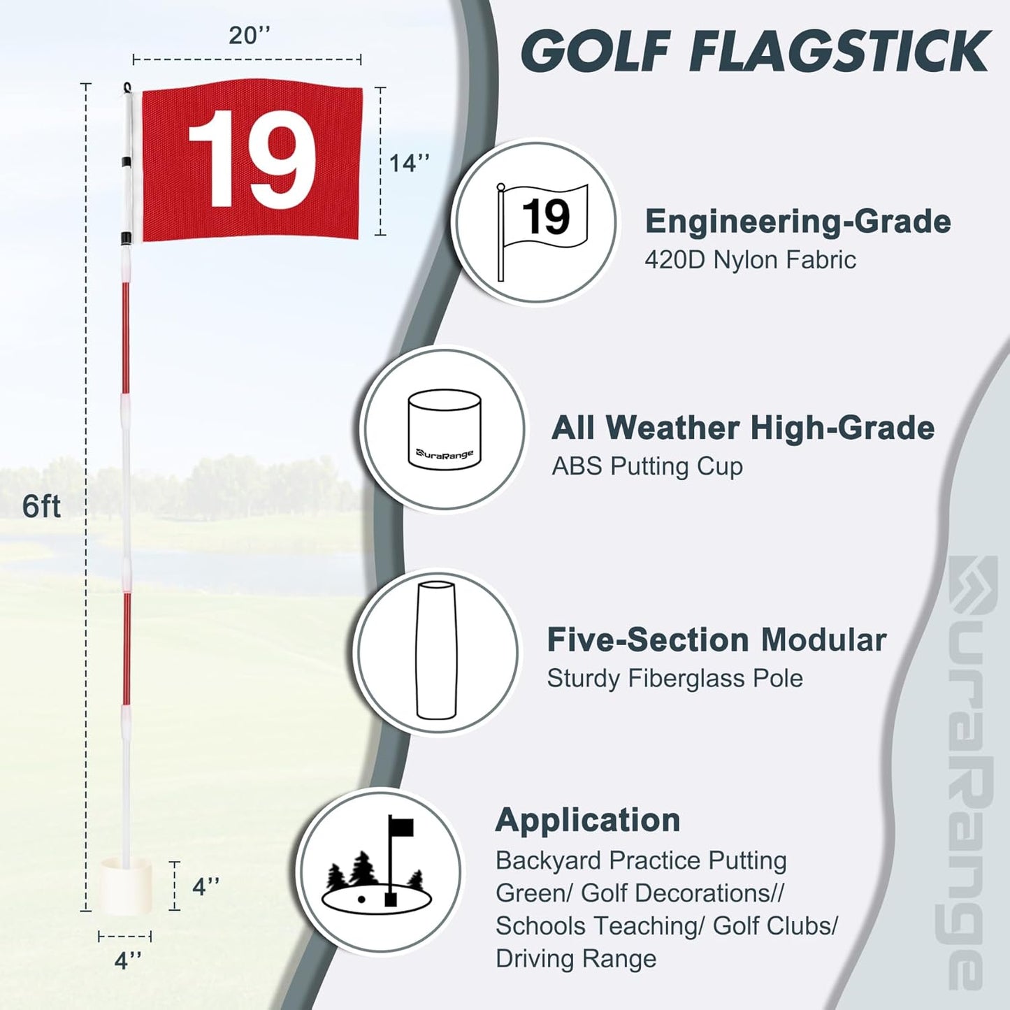 Golf Flagstick 6ft, 5-Section Design, ABS Hole Cup, 420D Nylon Flag for Backyard Practice Putting Green | Driving Range | Country Club, Gift for Golf Lovers