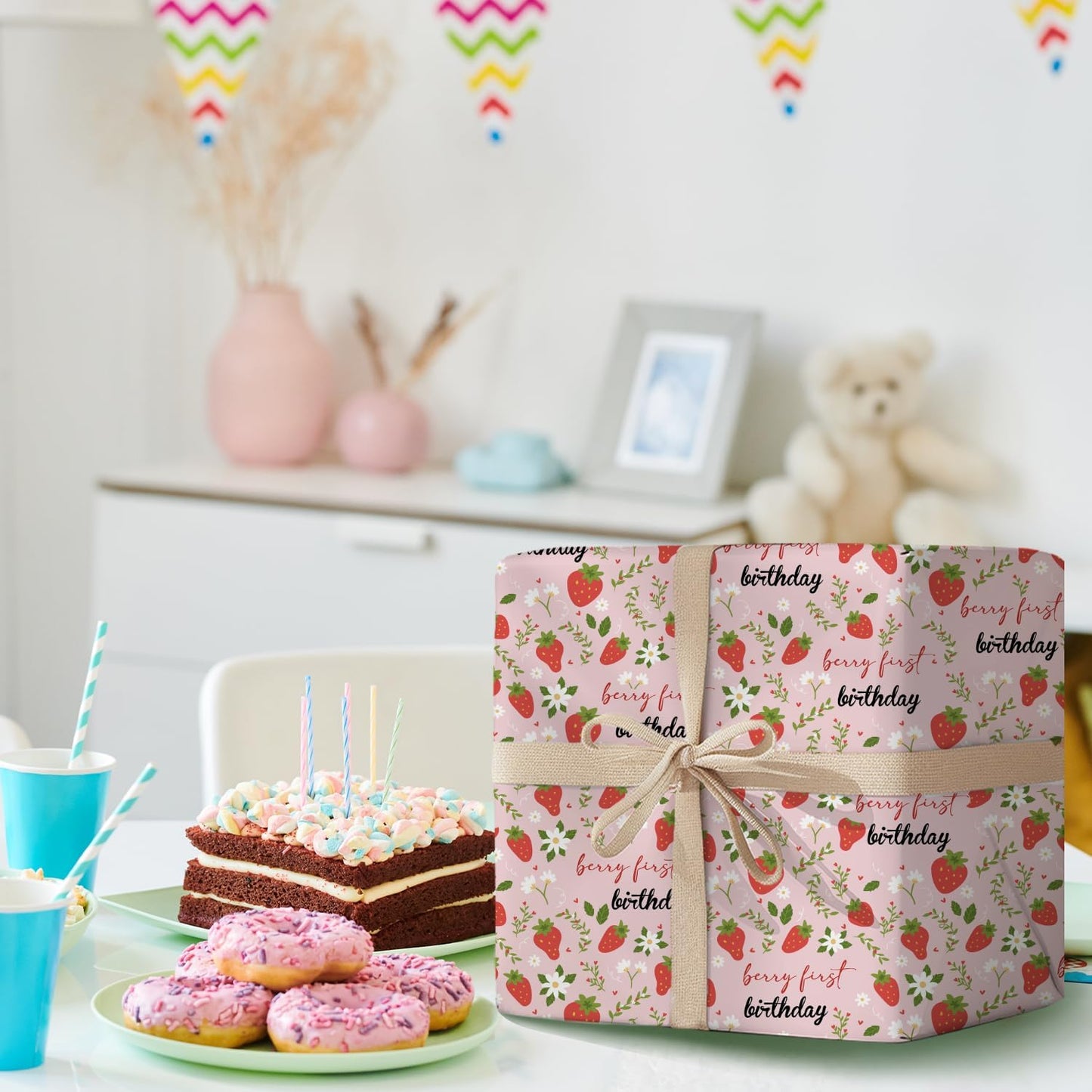 MJSXY Strawberry Wrapping Paper for 1st Birthday, Girl Birthday Wrapping Papers for Gift Bags, 5 Sheets 19.6x27.5 Inch Gift Wrap with Cute Strawberry Pattern, Baby Shower Party Supplies Decorations