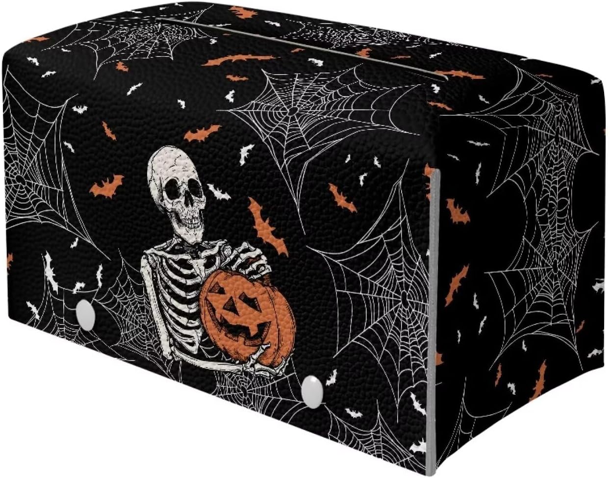 Halloween Rectangular Tissue Box Cover Skull Pumpkin Print PU Leather Tissue Cover Decorative Organizer with Bottom Belt Easy to Clean for Home, Car, Hotel, Office Tissue Holder