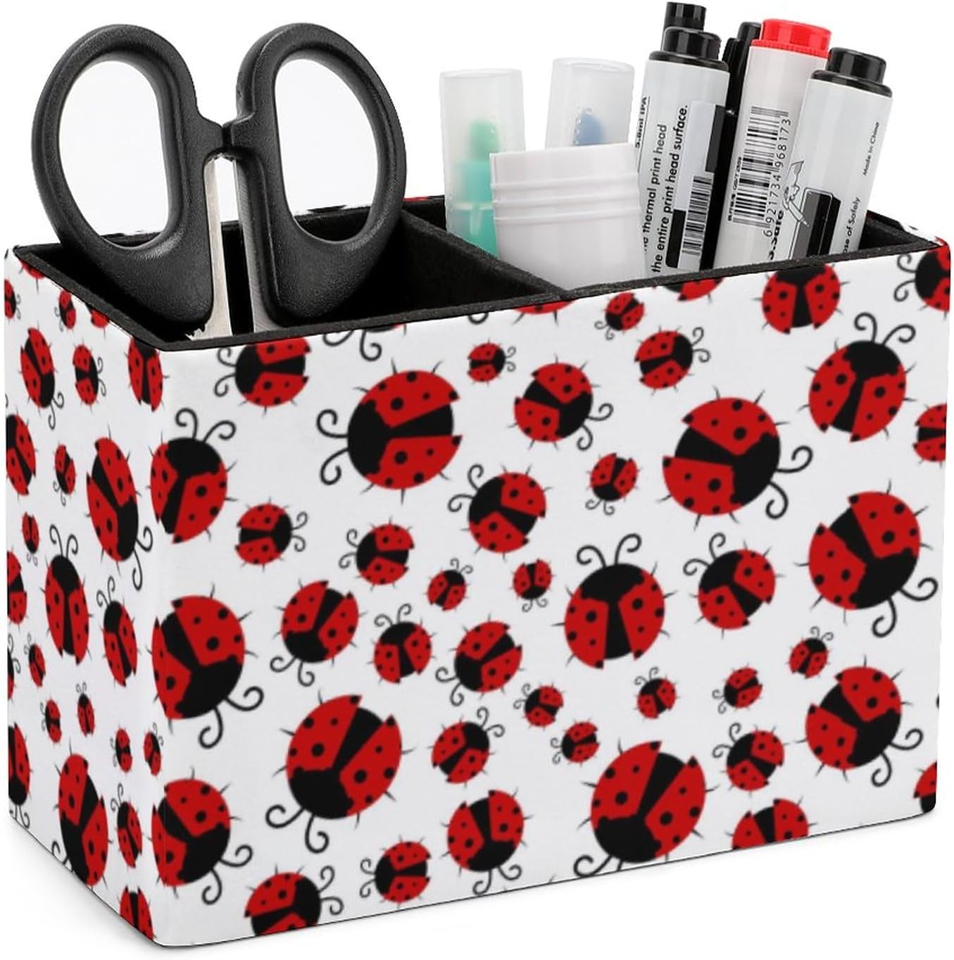 Pen Holder, Pencil Holder for Desk Organizer, Summer Red Ladybugs PU Leather Pencil Cups Desktop Stationery Storage Makeup Brush Holder Pen Organizer for Office Home