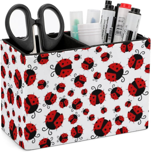 Pen Holder, Pencil Holder for Desk Organizer, Summer Red Ladybugs PU Leather Pencil Cups Desktop Stationery Storage Makeup Brush Holder Pen Organizer for Office Home