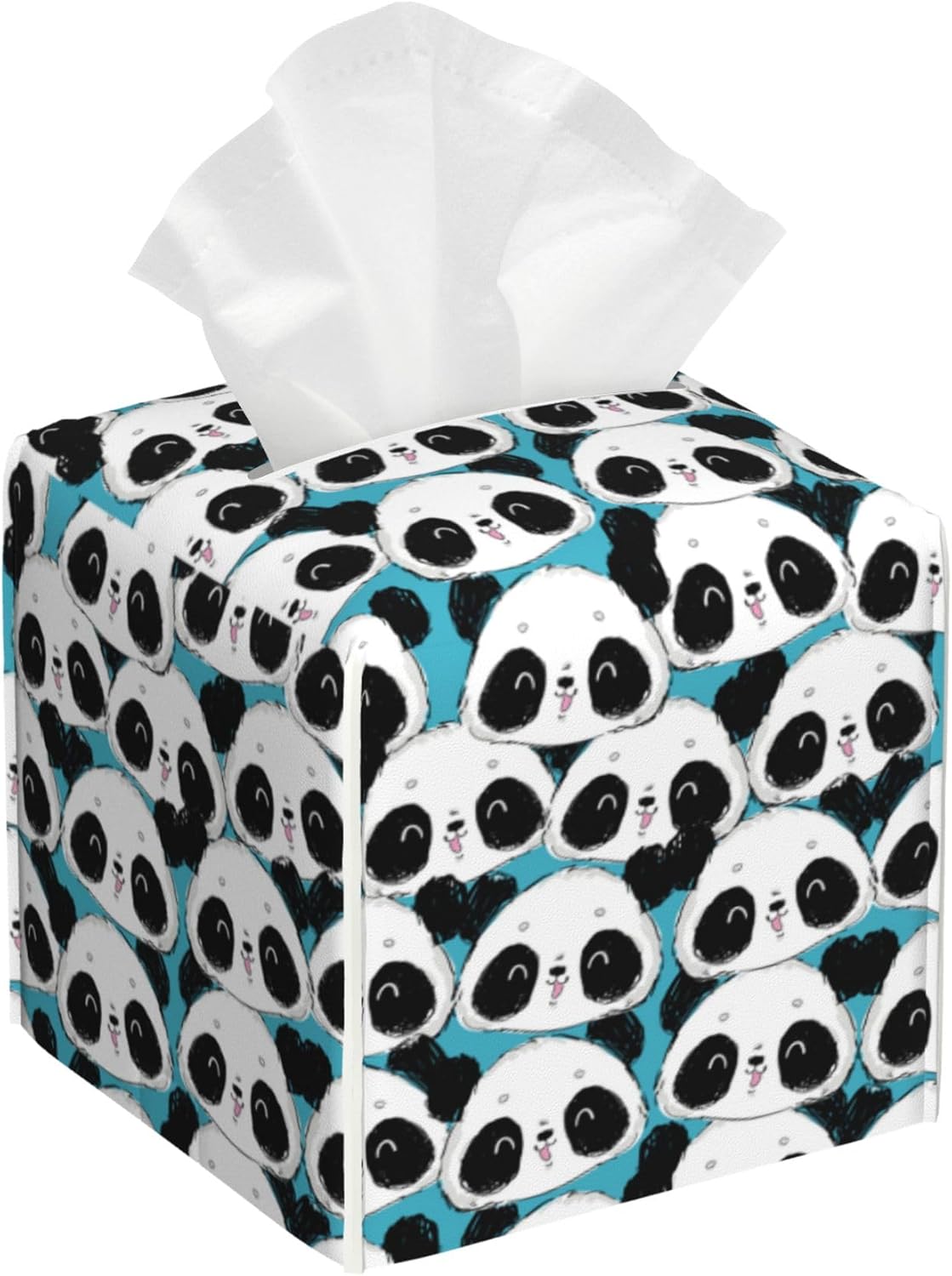 Cute Panda Tissue Box Cover Square, Tissue Box Holder Leather Facial Paper Case Decorative Organizer Holder Dispenser Home Office Car Decor