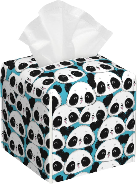 Cute Panda Tissue Box Cover Square, Tissue Box Holder Leather Facial Paper Case Decorative Organizer Holder Dispenser Home Office Car Decor