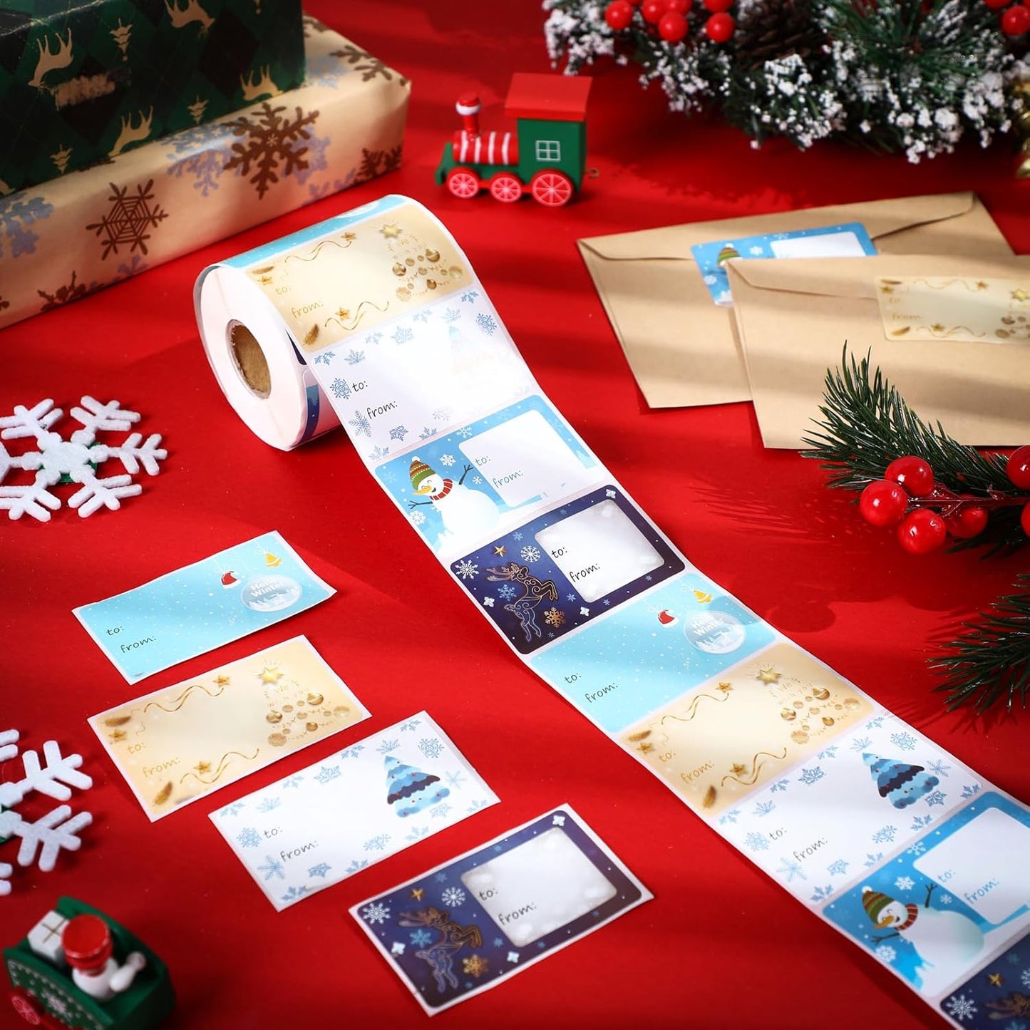 Outus 500 Pieces Christmas Tags Self Adhesive Gift Tags for Xmas Presents Christmas Name Labels Stickers for Wrapping Paper Festival Birthday Holiday Decor(Winter Style,2.76 x 1.57 Inch)