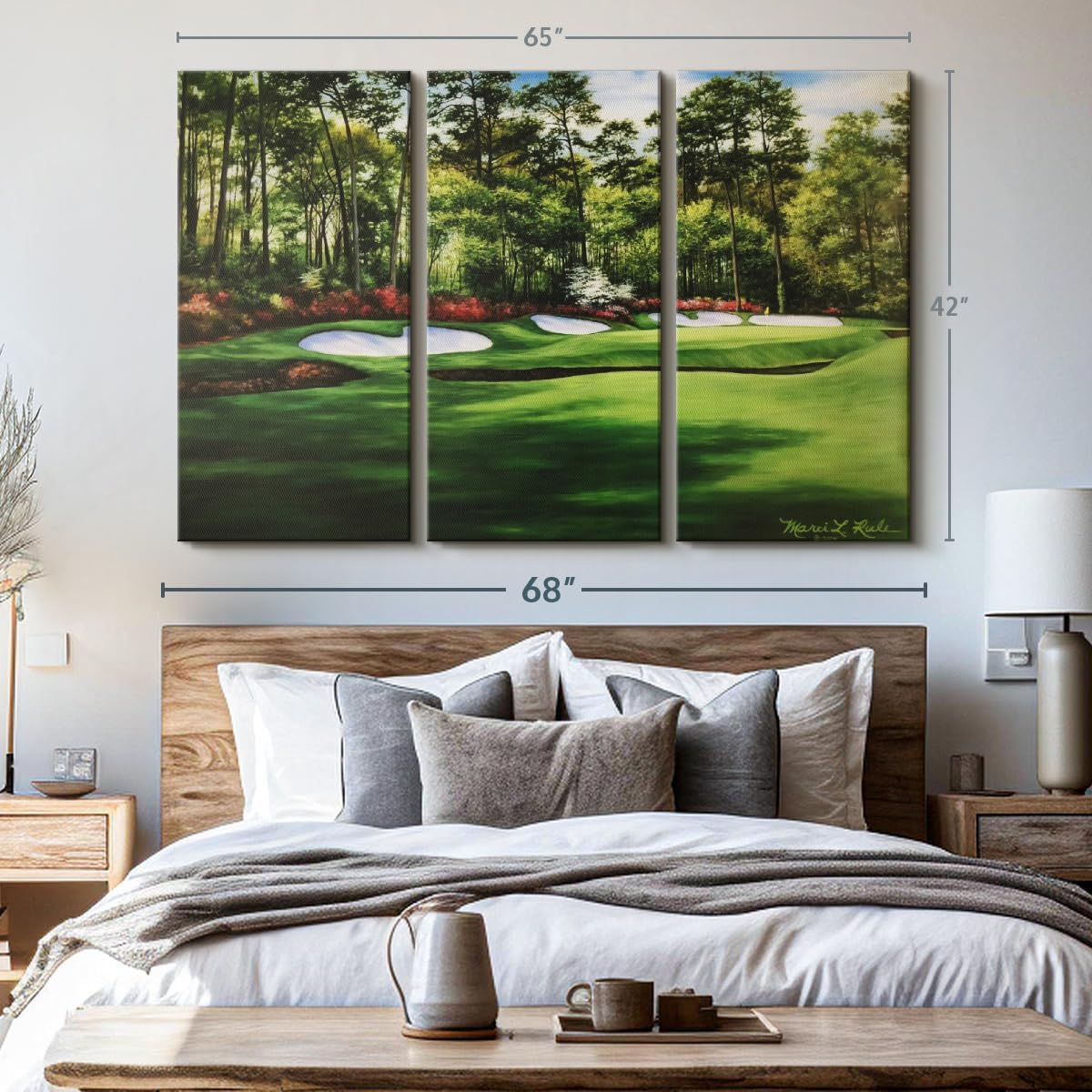 ElephantStock Augusta National 13th Hole I Wall Art - Horizontal Canvas - 3-Piece Living Room Wall Decor - Painting Sports Canvas Print - Green and Red Decor for Wall by Marci Rule - 65" X 42"
