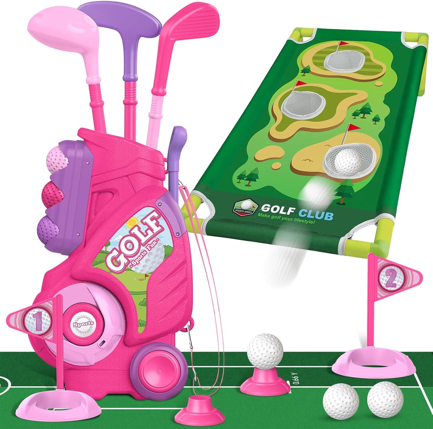Liberry Toddler Golf Set for 2 3 4 Years Old Girls Boys, Upgraded Kids Golf Cart with Golf Cornhole Board & Putting Mat, Indoor and Outdoor Golf Toys Birthday, Pink