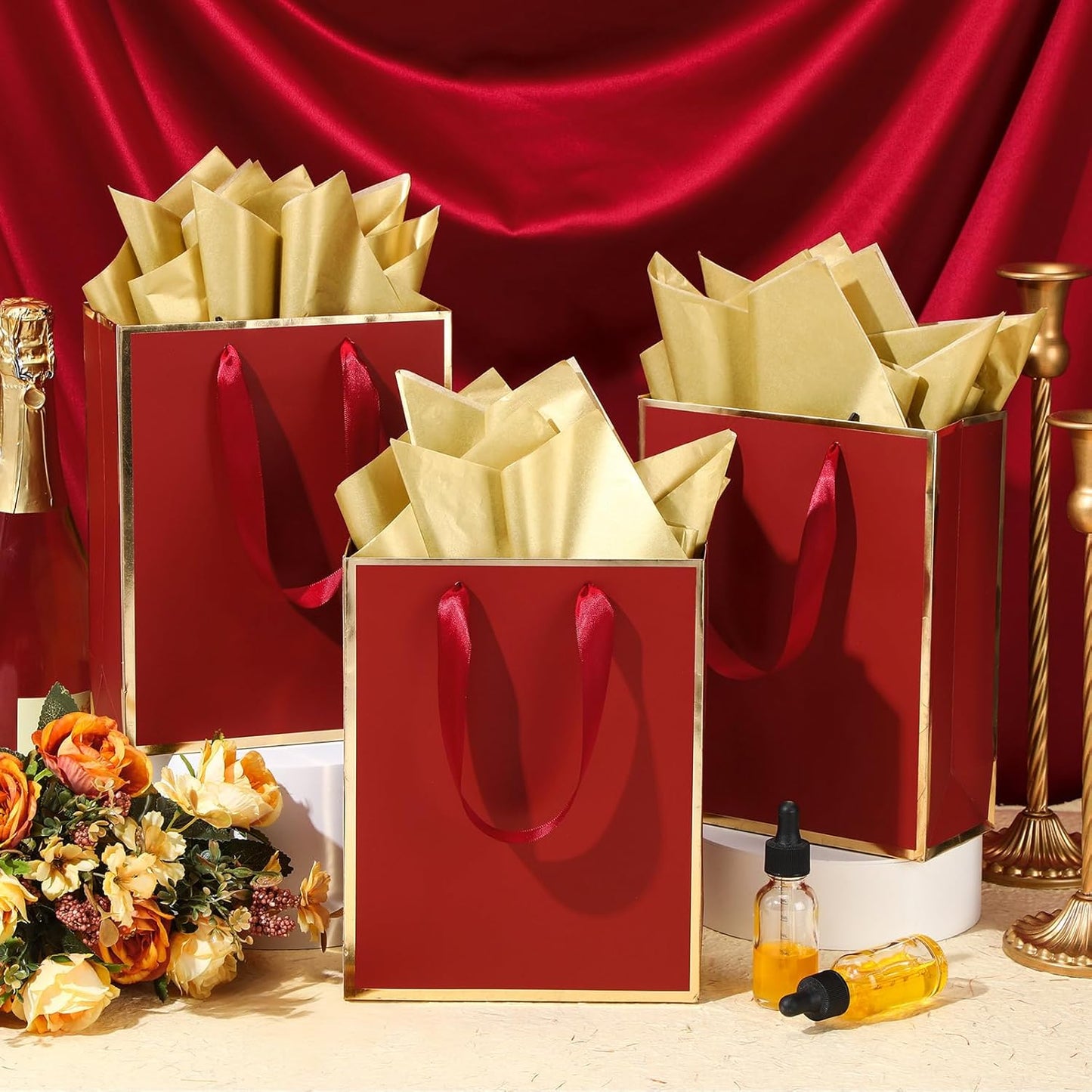 Yeaqee 24 Pack Metallic Paper Gift Bags with Handle and Tissue 9x7x3.1 Gold Foil Welcome Favor Bags Return Gifts for Wedding Fall 5 Senses Christmas Bridesmaid Birthday(Burgundy Red and Gold)