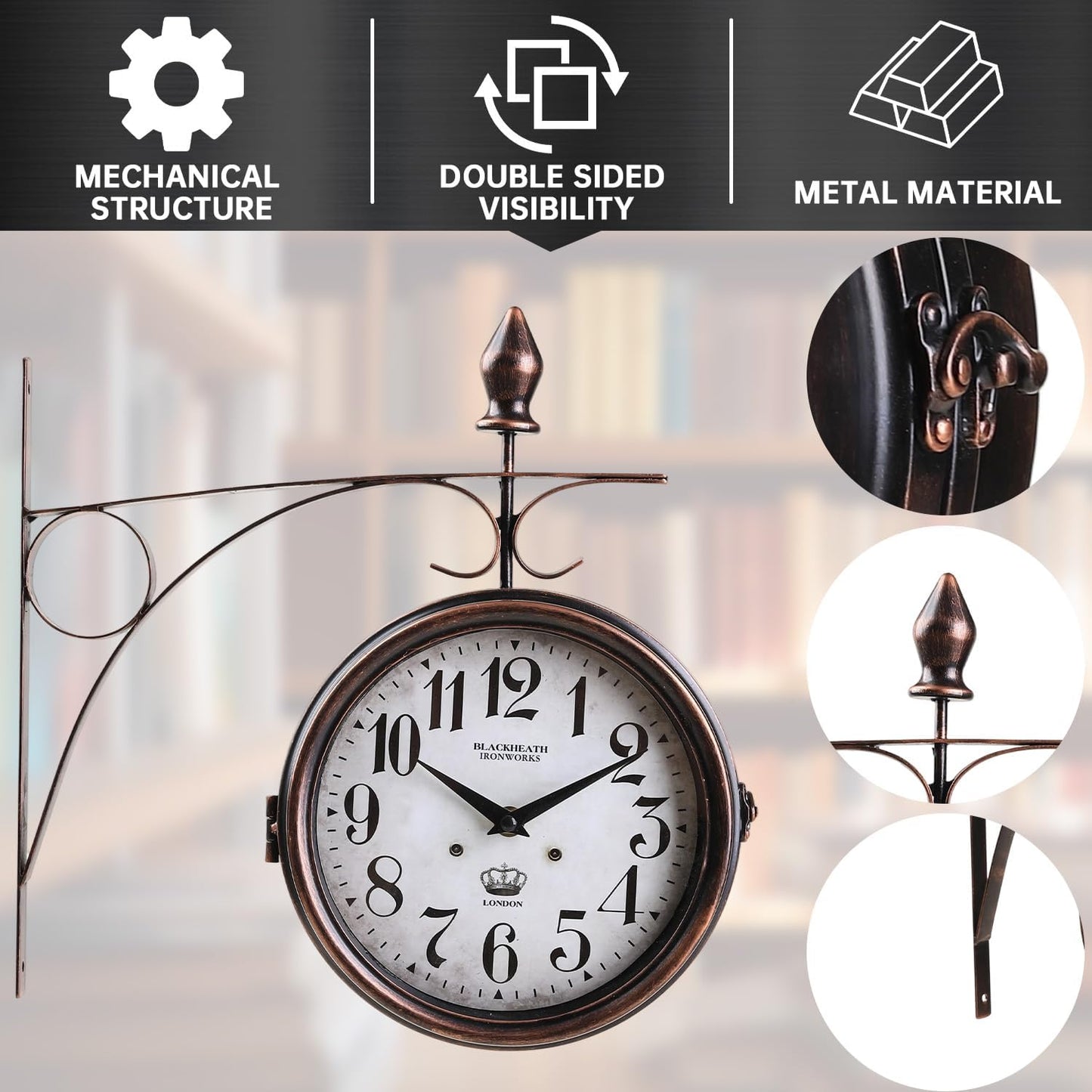 Metal Double Sided Hanging Clock with Retro Brown Sturdy Frame,Glass Lens,Silent Quartz Movement, Indoor/Outdoor Double-Sided Decorative Wall Clock for Home Decor Farmhouse Station Office Garden