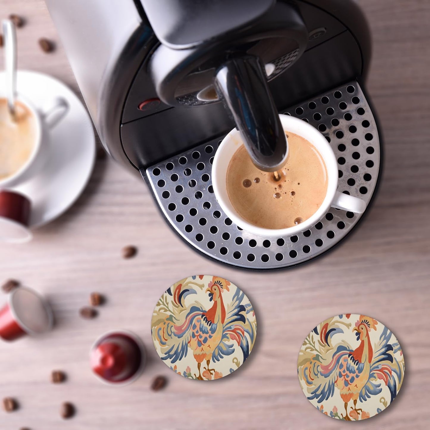 Ceramic Coasters for Drinks with Cork Back,Colorful Rooster Art 4 Inch Absorbent Coaster Set 4 Pack, Quick Dry Non-Slip Coaster Mats for Home, Office, Bar