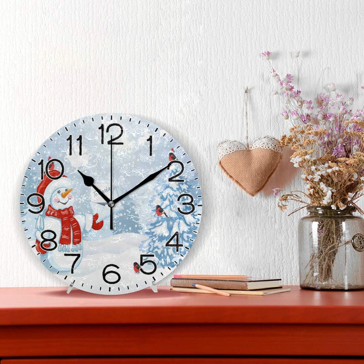 Christmas Snowman in Santa Cap with Letter Wall Clock Battery Operated Non Ticking Silent Quartz Analog Rustic Farmhouse Christmas Round Clock Retro Decor for Home Kitchen Living Ro