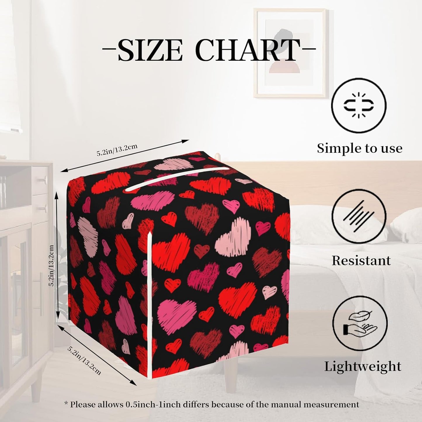 Tissue Box Cover, Colorful Hearts Pu Leather Square Tissue Box Cover Case Organizer Cube Box Holder for Bathroom Vanity Countertop, Night Stands, Office Desk & Car 5.2X5.2X5.2''