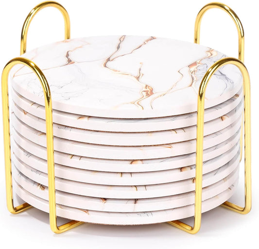 9 Pieces Ceramic Drink Coasters with Holder, Billbotk Absorbent Drink Coasters for Coffee Table, Marble Style Coasters Wooden Table, Suitable for Kinds of Cups, 4 Inches